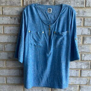 Anne Klein 3/4 Sleeve Linen Blend Quarter Zip Tunic Blouse Women's Size 1X